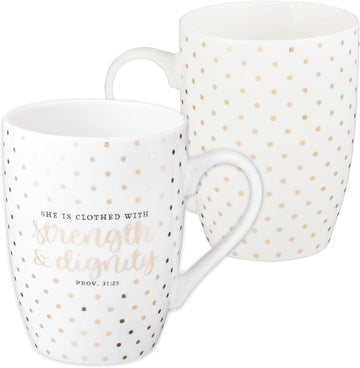 Christian Art Gifts White Polka Dots Ceramic Coffee Mug – 12 oz. Lead and Cadmium-free Inspirational Scripture Coffee and Tea Mug for Men & Women with Bible Verse: Strength & Dignity – Proverbs 31:25