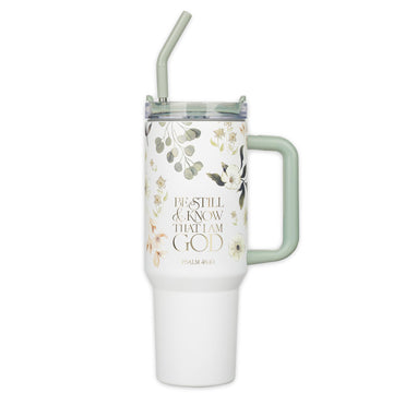 Christian Art Gifts Extra Large Stainless Steel Double Wall Vacuum Insulated Travel Tumbler for Women: Be Still Inspirational Scripture, Lid, Reusable Straw, Wide Handle, White & Teal Floral, 40 oz.