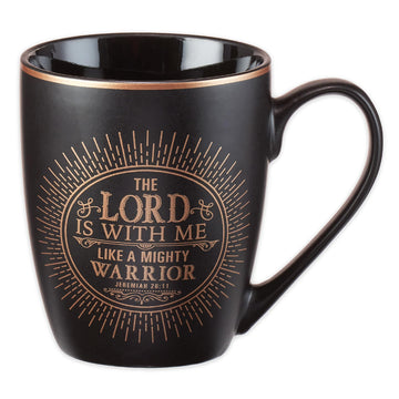 Christian Art Gifts Black Stoneware Coffee Mug with Gold Rim for Women and Men – 12 oz. Lead and Cadmium-free Coffee and Tea Mug with Inspirational Bible Verse: The Lord Is With Me - Jeremiah 20:11