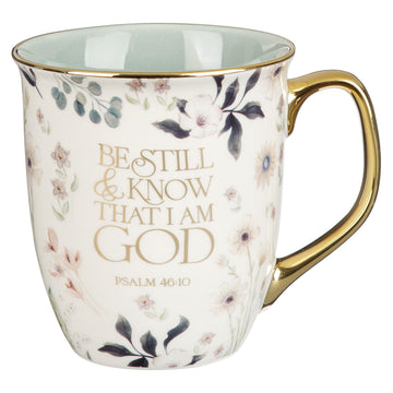 Christian Art Gifts Large Ceramic Clay Base Coffee & Tea Mug for Women: Strength & Dignity Bible Verse, White & Blue Floral, 15 oz.