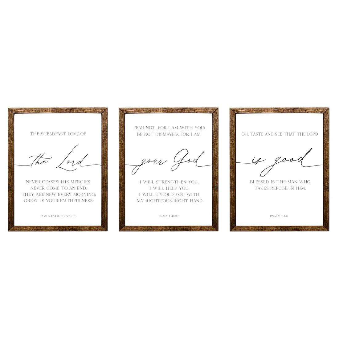 Set of 3 Bible verses, Lamentations 3:22-23, Isaiah 41:10, Psalm 34:8 signs