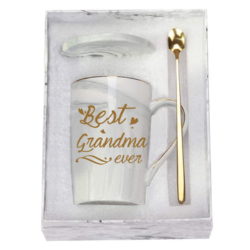 Best Grandma Ever Mug Coffee Gifts Birthday Mothers Day for from Granddaughter Grandson Grandchildren Grandkids 14 Ounce Gift Box with Spoon and Mat Gray