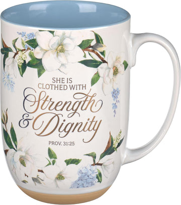 Christian Art Gifts Large Ceramic Clay Base Coffee & Tea Mug for Women: Strength & Dignity Inspirational Bible Verse, White & Light Blue Floral, 15 oz.