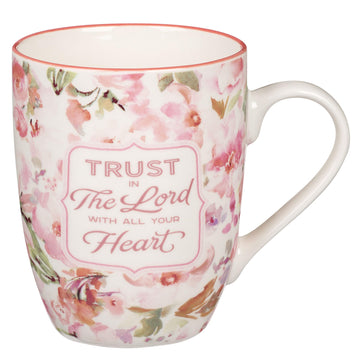 Christian Art Gifts Encouraging Ceramic Coffee & Tea Bible Verse Mug for Women: Trust in the Lord Inspirational Scripture Proverb, Microwave & Dishwasher Safe, White & Pink Watercolor Floral, 12 oz.