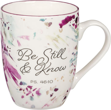 Christian Art Gifts Inspirational Ceramic Coffee & Tea Scripture Mug for Women: Be Still & Know Psalm Encouraging Bible Verse, Microwave & Dishwasher Safe Cute Cup, White, Purple & Teal Floral, 12 oz.