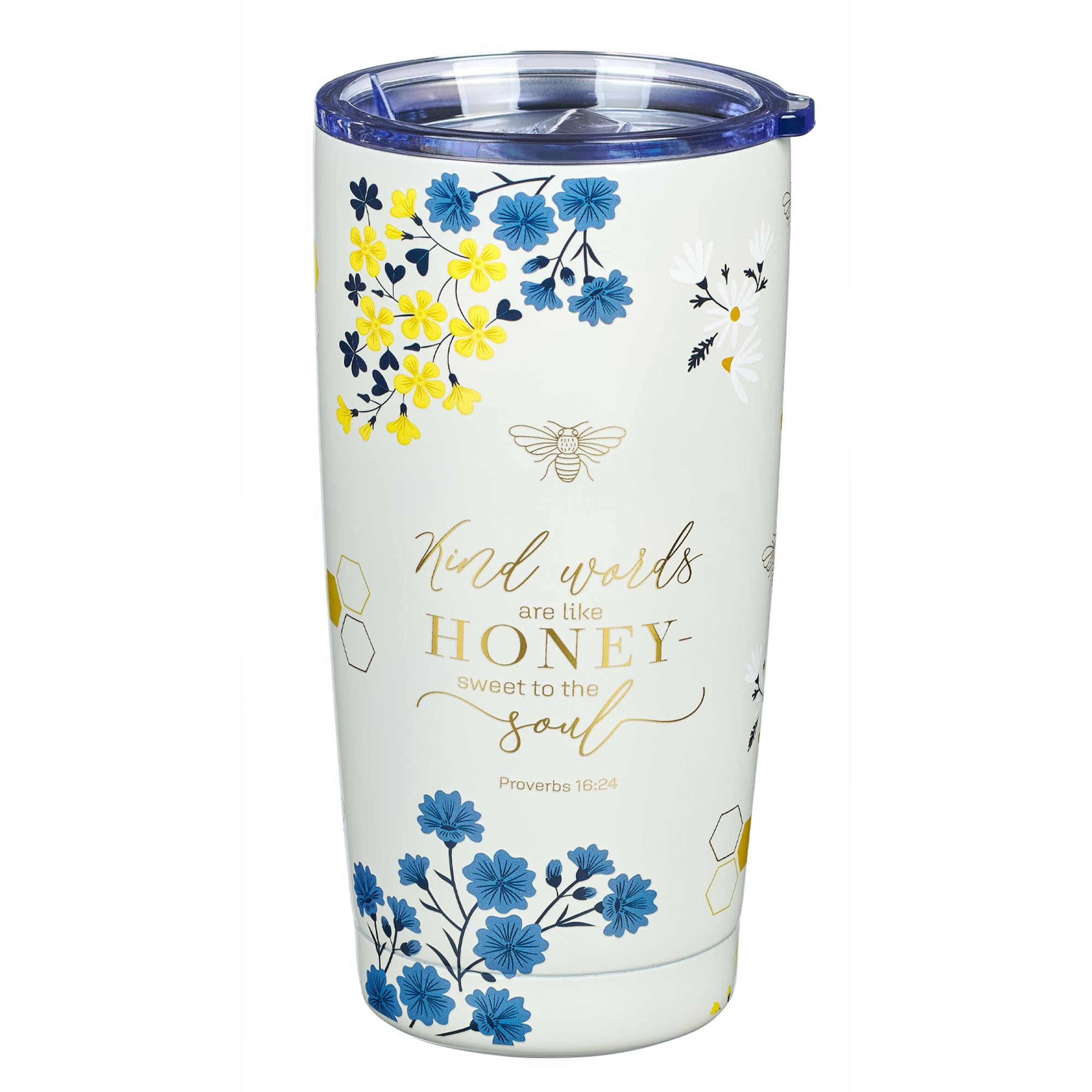 Christian Art Gifts Stainless Steel Scripture Tumbler Travel Mug for Women: Kind Words Bible Verse, Cute Bumble Bee, Double-wall Vacuum Insulated, Lid, Hot/Cold, Creamy White Multicolor Floral, 18oz.