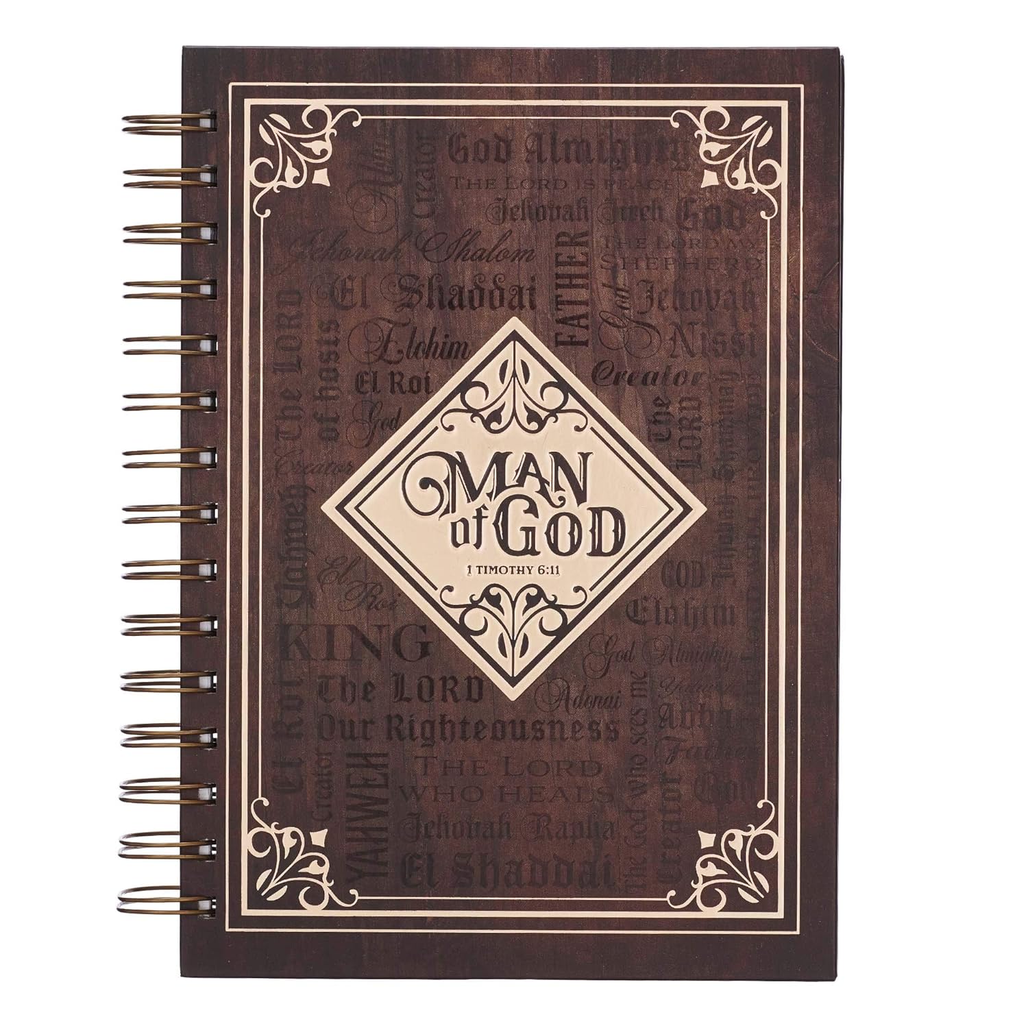 Christian Art Gifts Journal w/Scripture Man of God 1 Timothy 6:11 Bible Verse Names of God Brown 192 Ruled Pages, Large Hardcover Notebook, Wire Bound