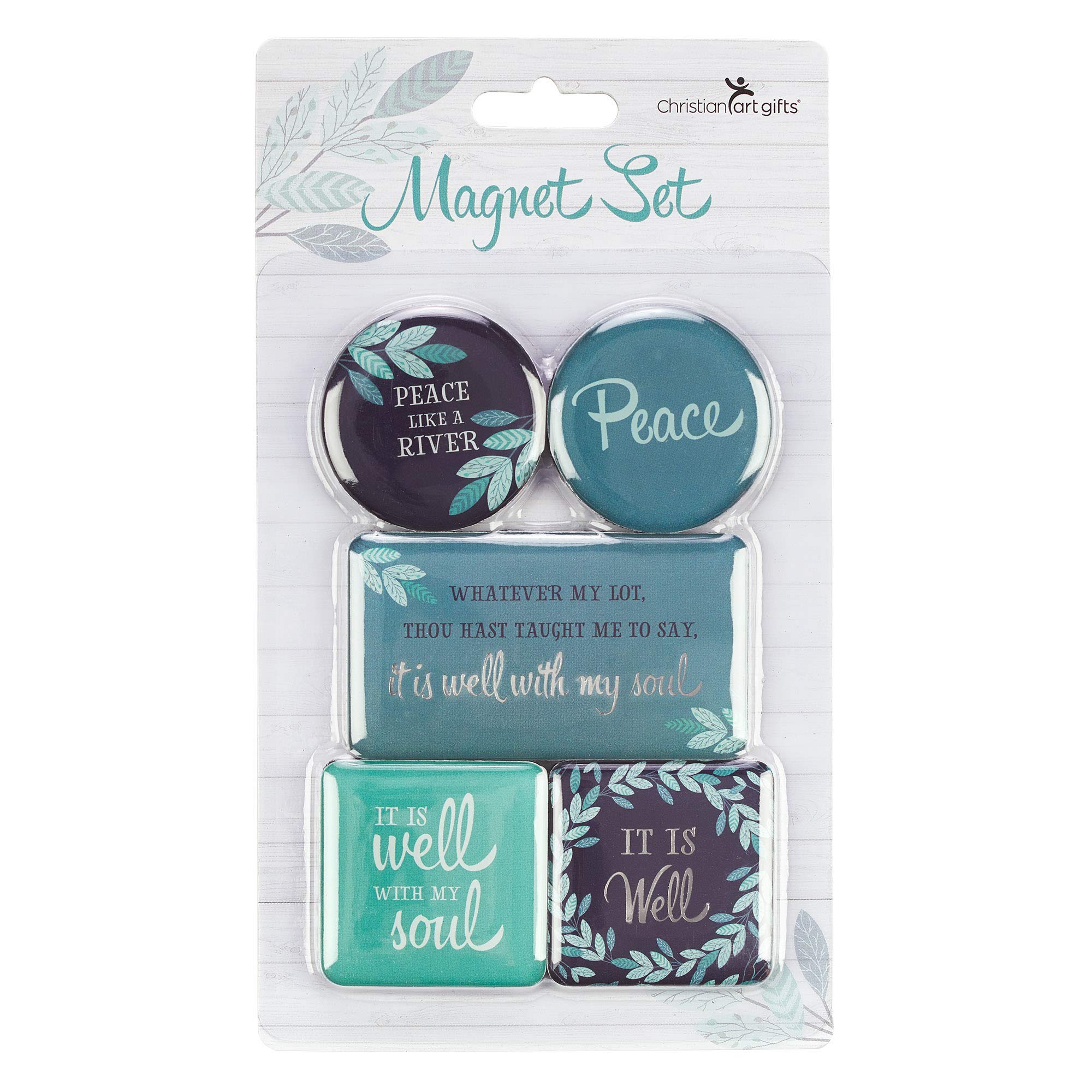 Christian Art Gifts Teal and Blue Assorted Refrigerator Magnets with Spiritual Hymn - It is Well with My Soul - Inspirational Fridge Magnet Set of 5, Leafy Wreath Magnets Home & Kitchen Decorations