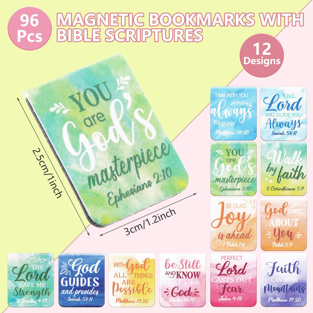 Dianelhall 96 Pieces Bible Verse Magnetic Bookmarks 16 Styles Christian Magnet Book Markers Inspirational Motivational Encouraging Magnetic Page Clip for Women Men School Office Supplies