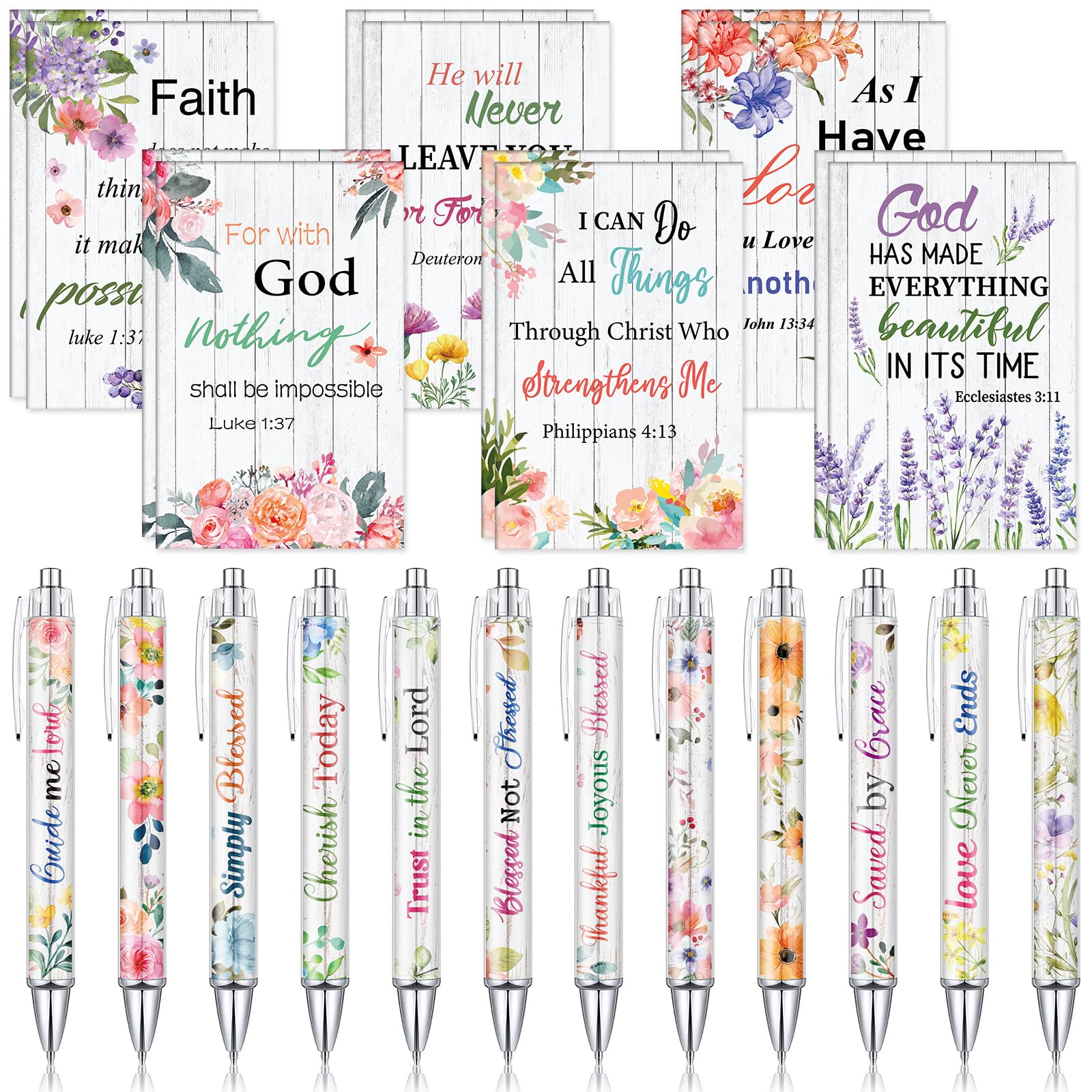 Colarr 24 Pcs Christian Bulk Gifts for Women Bible Verse Pens Bible Notebooks Christian Gifts Set Scripture Ballpoint Pens Bible Quote Notepads Religious Notebooks Gifts for Women Men (Floral)