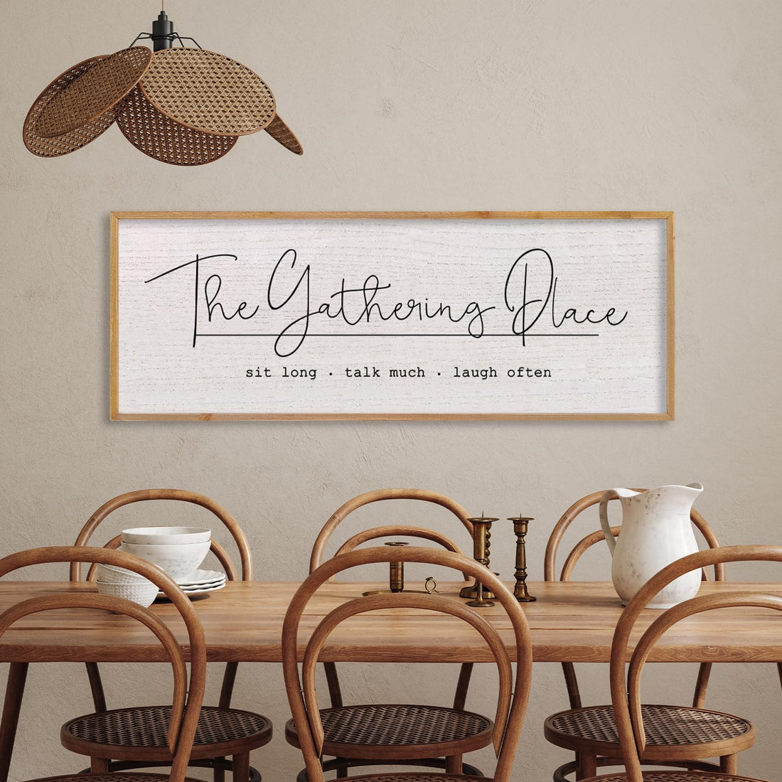 The Gathering Place Sign Wall Art Decor 32"x12" Rustic Farmhouse Vintage Dining Room Siold Wooden Framed Large Home Kitchen Simple And Beautiful Wall Hanging gather Decoration (Black)