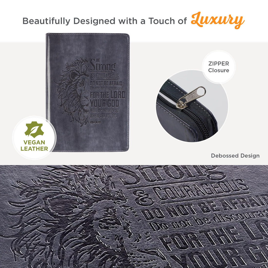 Classic Faux Leather Journal Be Strong and Courageous Lion Joshua 1:9 Bible Verse Gray Inspirational Notebook, Lined Pages w/Scripture, Ribbon Marker, Zipper Closure