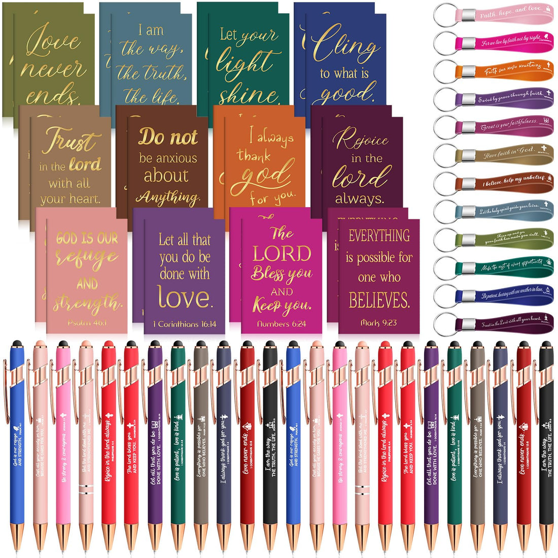 Estune 72 Pcs Christian Bible Gifts Set Bulk Religious Scripture Notebooks Scripture Quote Inspirational Ballpoint Pens Bible Verse Keychain Christmas Inspirational Bible Gifts for Office(Bright)