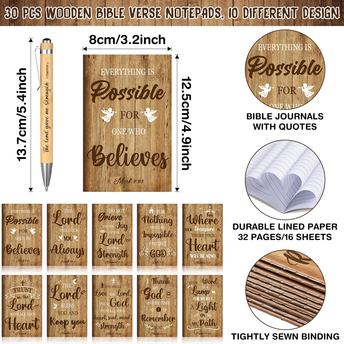 Pasimy 60 Pcs Christmas Christian Gifts Bulk Bible Verse Notebooks Pens Set Inspirational Scripture Ballpoint Pen Small Religious Journal for Church School Women Men Office Supplies(Bamboo Style)