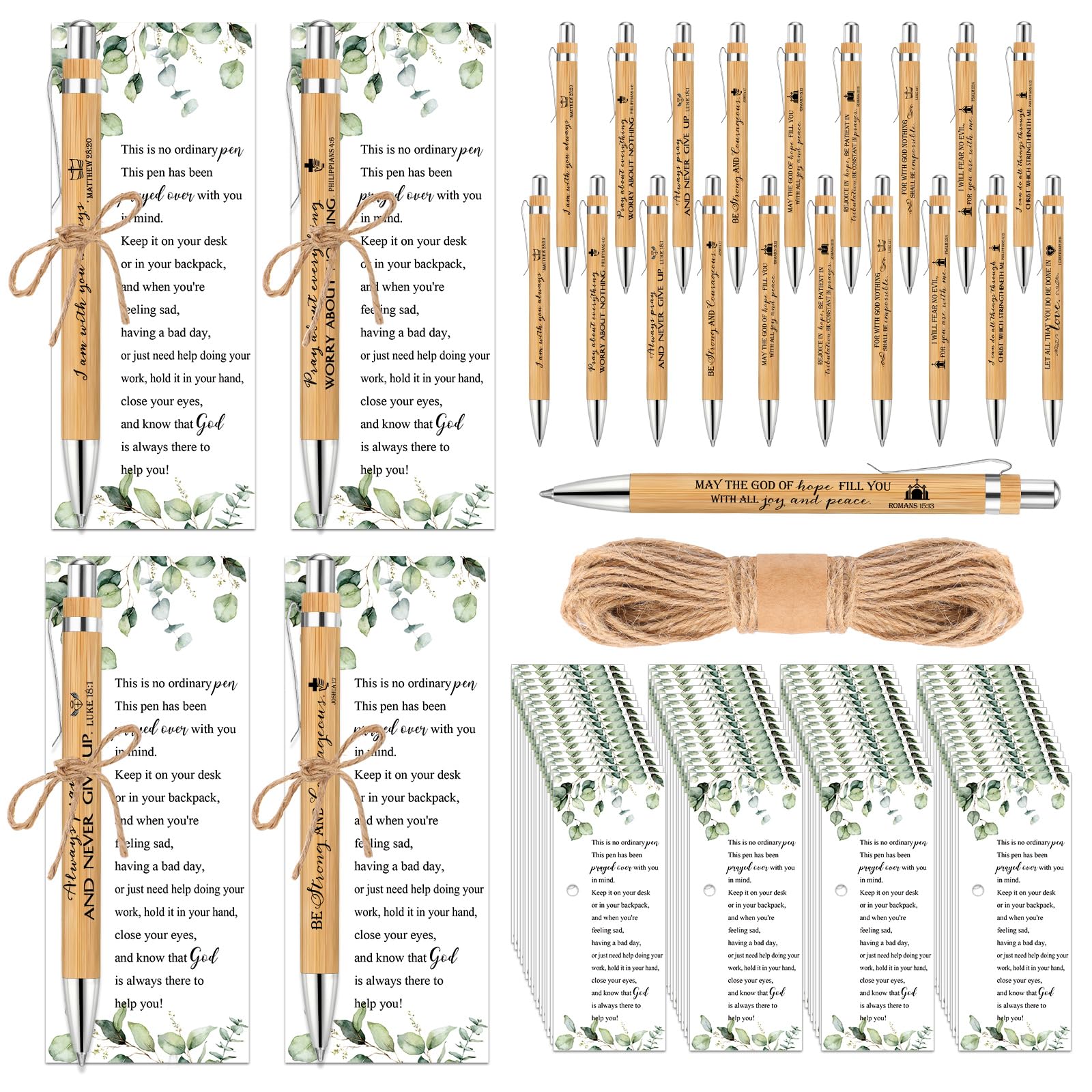 Tenceur 100 Sets Christian Bible Verse Pen Bulk Religious Bamboo Prayer Pen Inspirational Scripture Card with Twine Church Gift for Christmas Employee Teacher Staff Volunteer