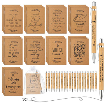 Jutom Set of 30 Christian Gift Bible Verse Retractable Bamboo Pens and Kraft Notebooks Religious Inspirational Notebooks with White Organza Gift Bag for Men Women Office School Church Supplies