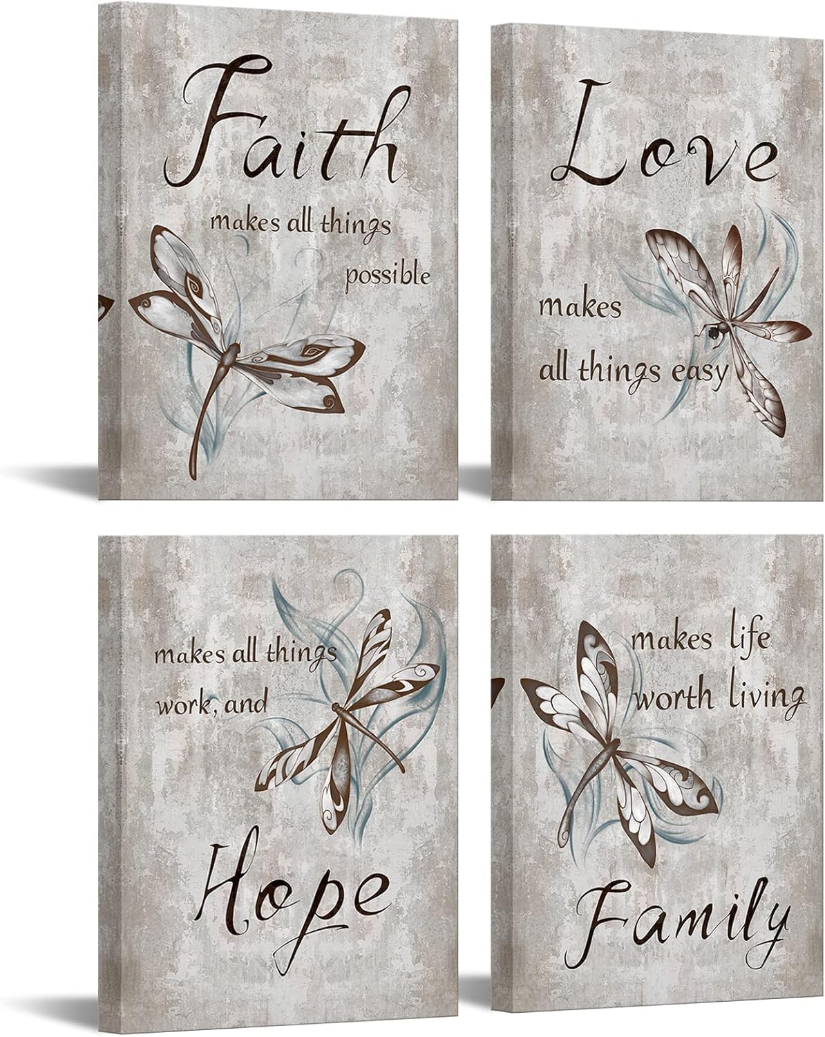 iKNOW FOTO 4 Piece Insect Painting Dragonfly Canvas Wall Art Prints Faith Love Hope Family Quote Decor Sign Framed Artwork Rustic Inspirational Quotes Canvas Prints Each 12x16inch