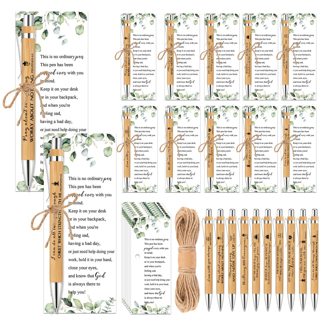 Tenceur 100 Sets Christian Bible Verse Pen Bulk Religious Bamboo Prayer Pen Inspirational Scripture Card with Twine Church Gift for Christmas Employee Teacher Staff Volunteer